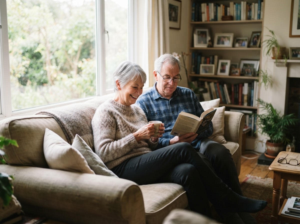 Mature couple relaxing comfortably in their home