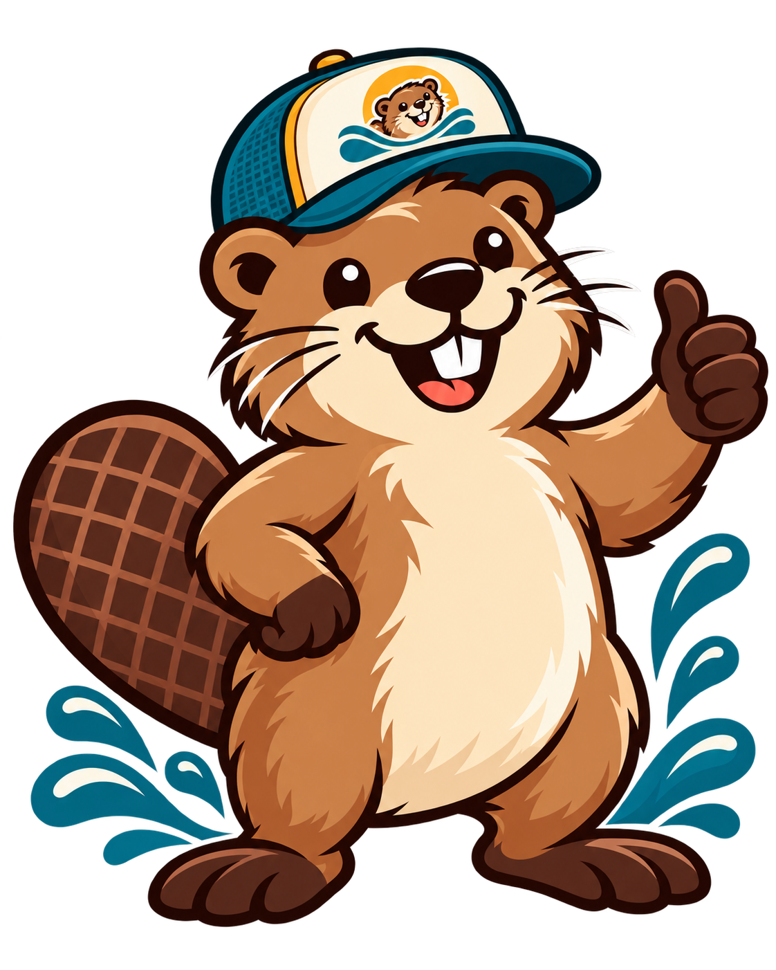 Beaver mascot giving a friendly thumbs up with water splash