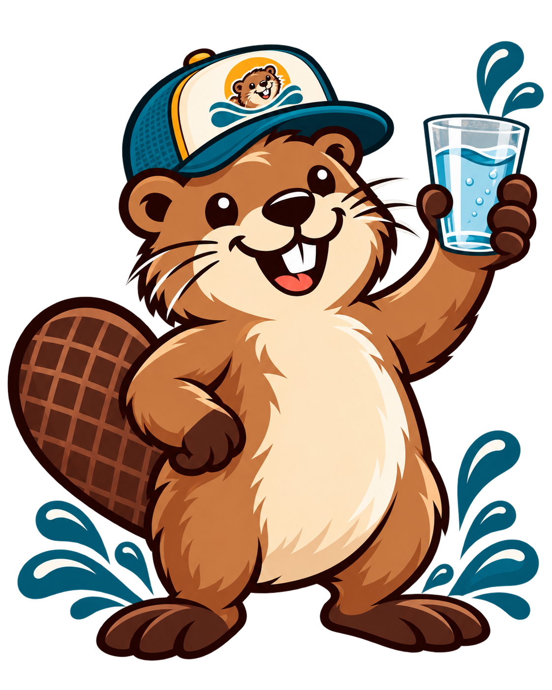 Beaver mascot holding a fresh glass of clean drinking water