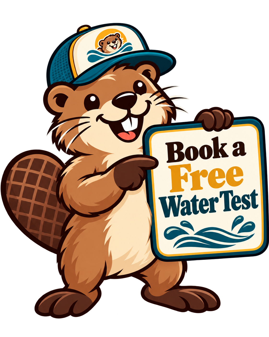 Beaver mascot pointing to a Book a Free Water Test sign