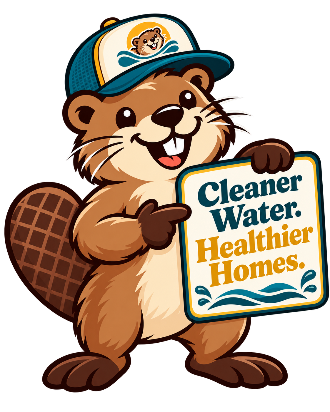 Beaver mascot pointing to a Cleaner Water Healthier Homes sign
