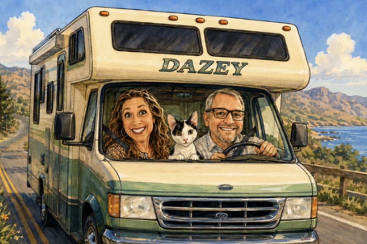 Nikki, Phil, and Tino in Dazey driving along the coast