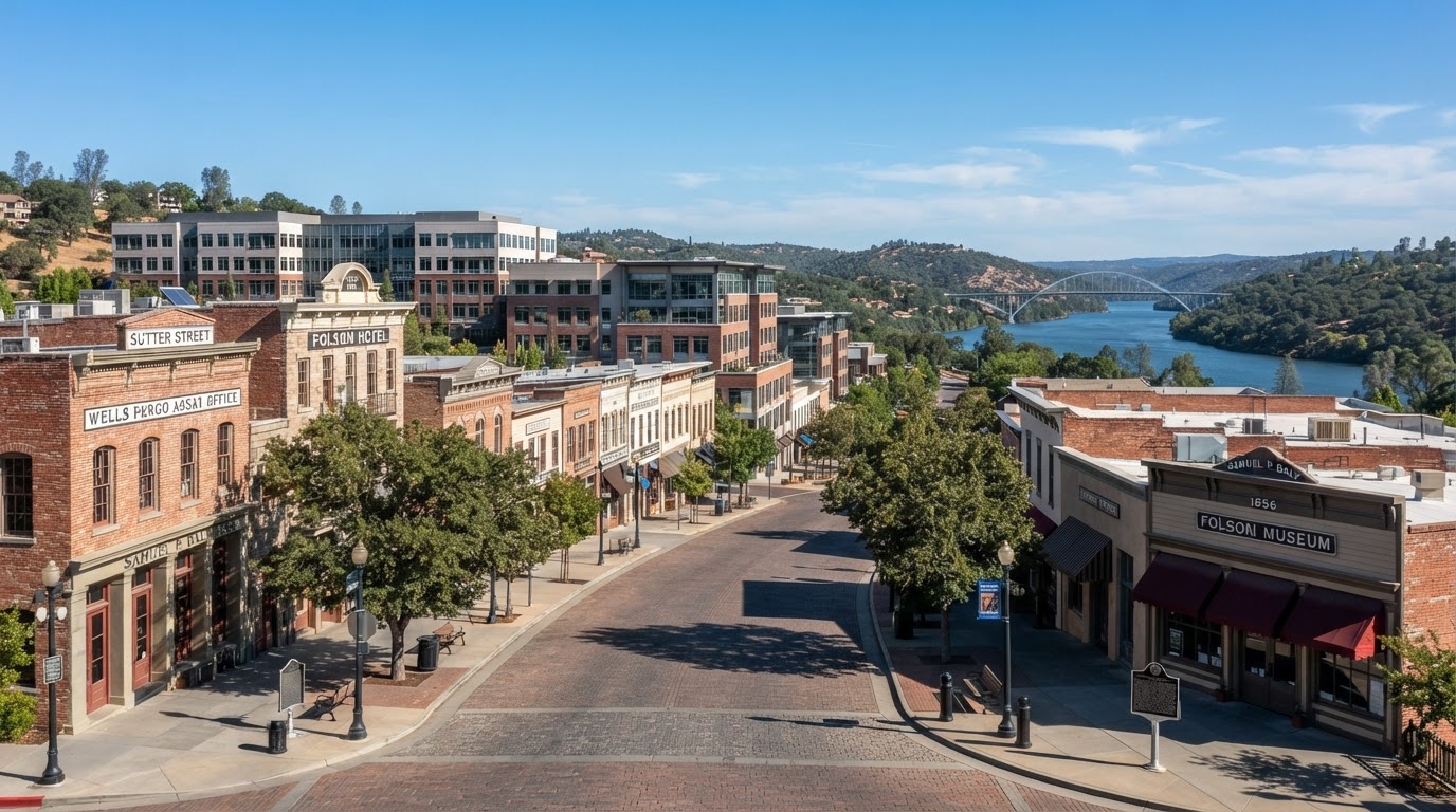 Historic Sutter Street downtown Folsom with Gold Rush-era brick buildings in Sacramento County, California