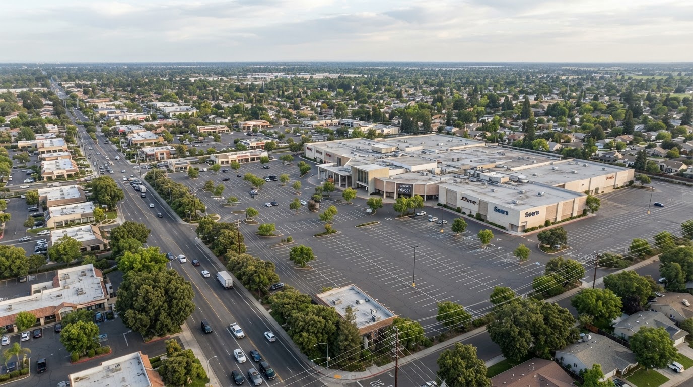 Sunrise Mall and suburban commercial corridor in Citrus Heights, Sacramento County, California