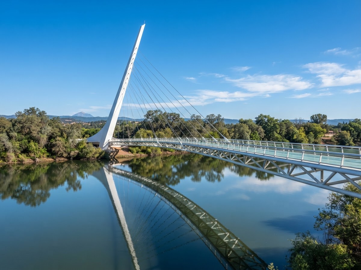 Sundial Bridge cable-stayed pedestrian landmark over the Sacramento River in Redding, Shasta County, California
