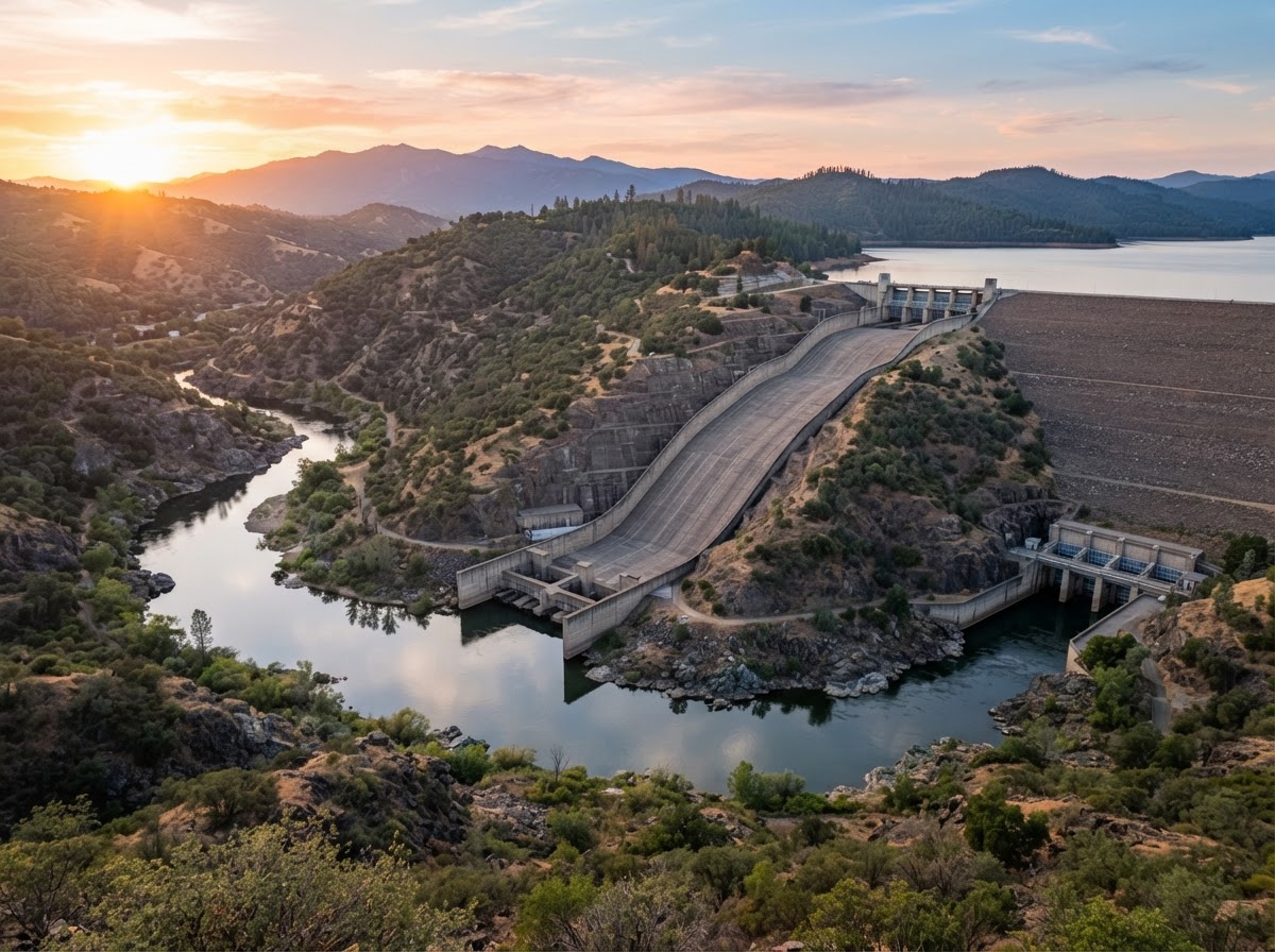 Oroville Dam spillway and Feather River reservoir in Butte County, California