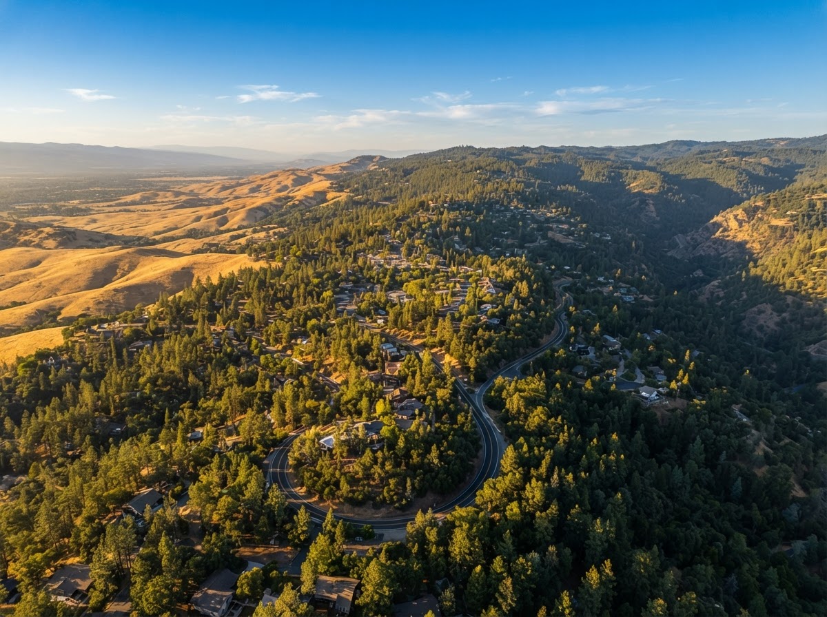 Paradise Ridge forested foothills and Skyway mountain road in Butte County, California