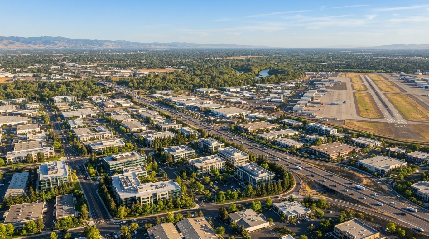Office parks and Mather Airport area along Highway 50 in Rancho Cordova, Sacramento County, California