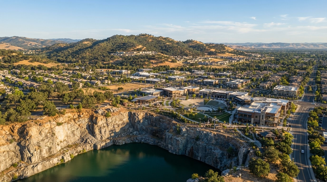 Quarry Park granite rock faces and modern retail in Rocklin, Placer County, California