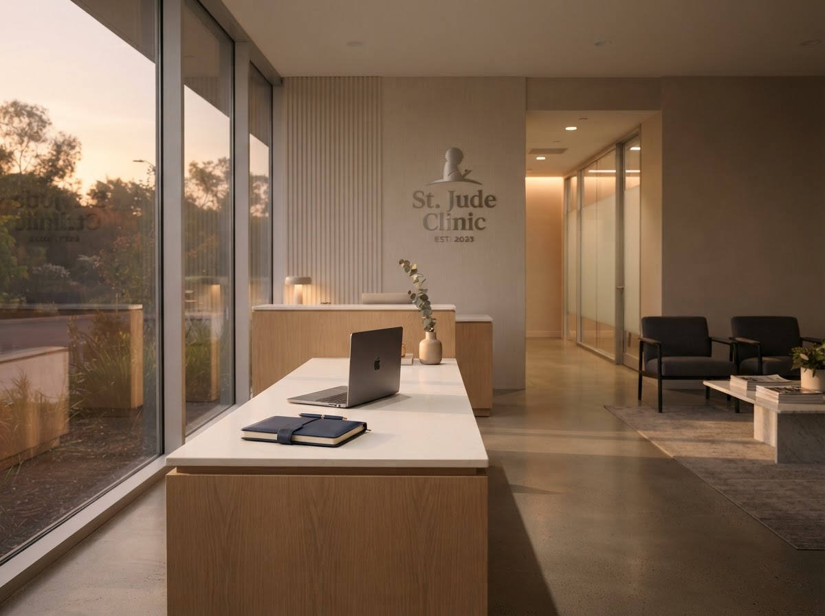 Recepción vacía de una clínica con luz de tarde entrando por la ventana