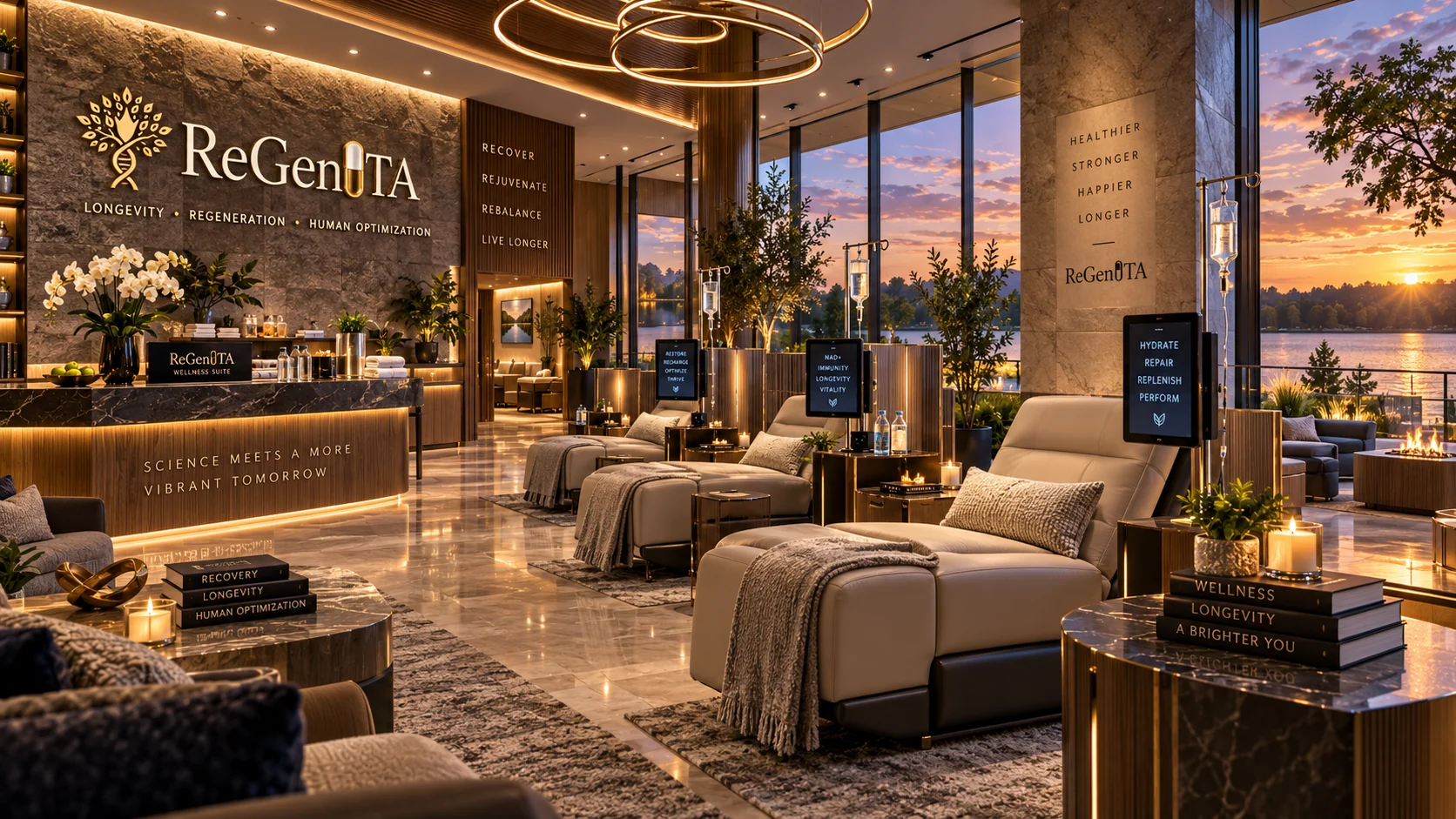 Concept rendering of a proposed Regenta wellness and restorative suite featuring warm stone, ambient lighting, and serene treatment setting