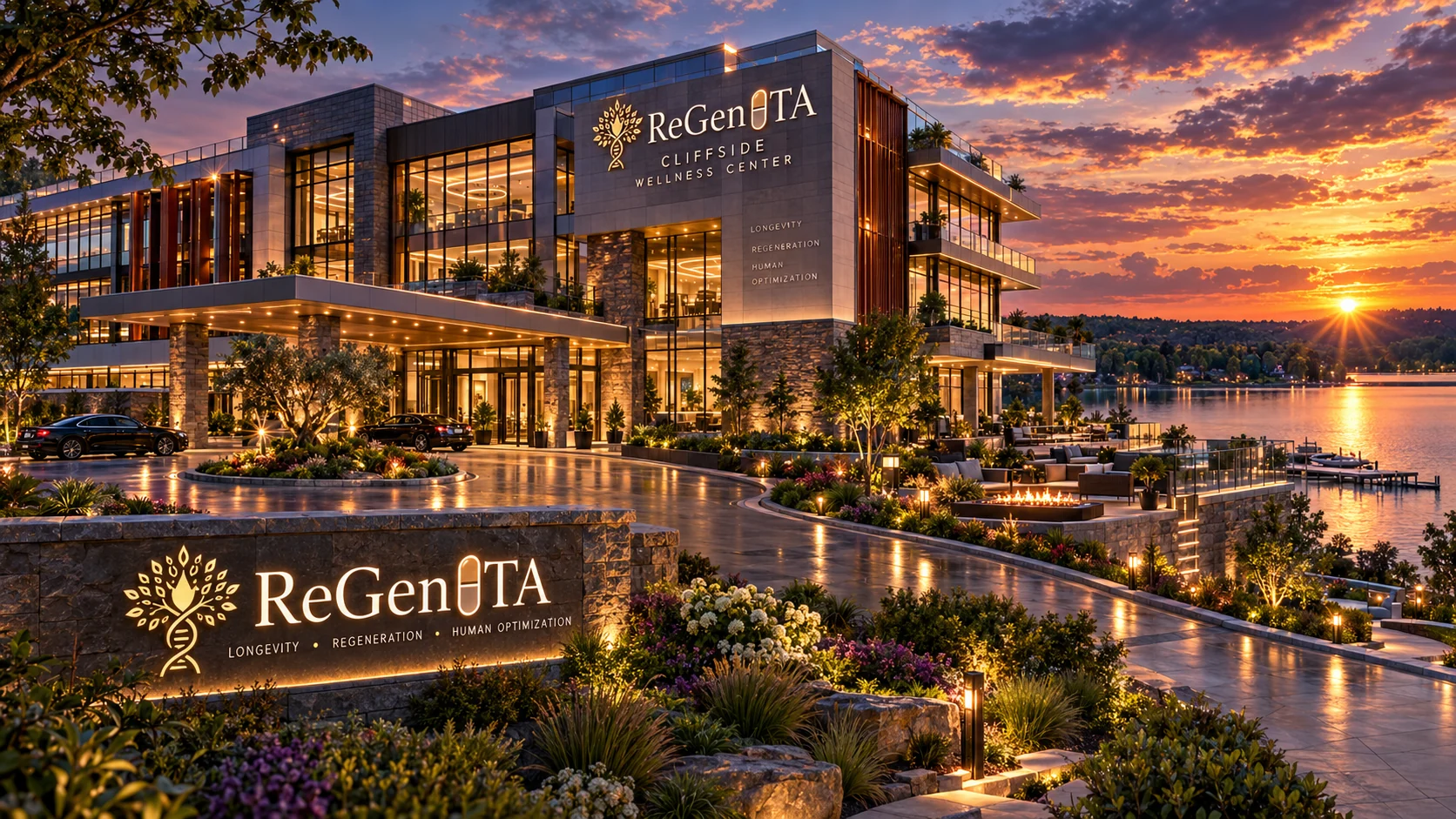 Architectural concept rendering of the proposed three-story Regenta destination facility with glass atrium and warm evening lighting