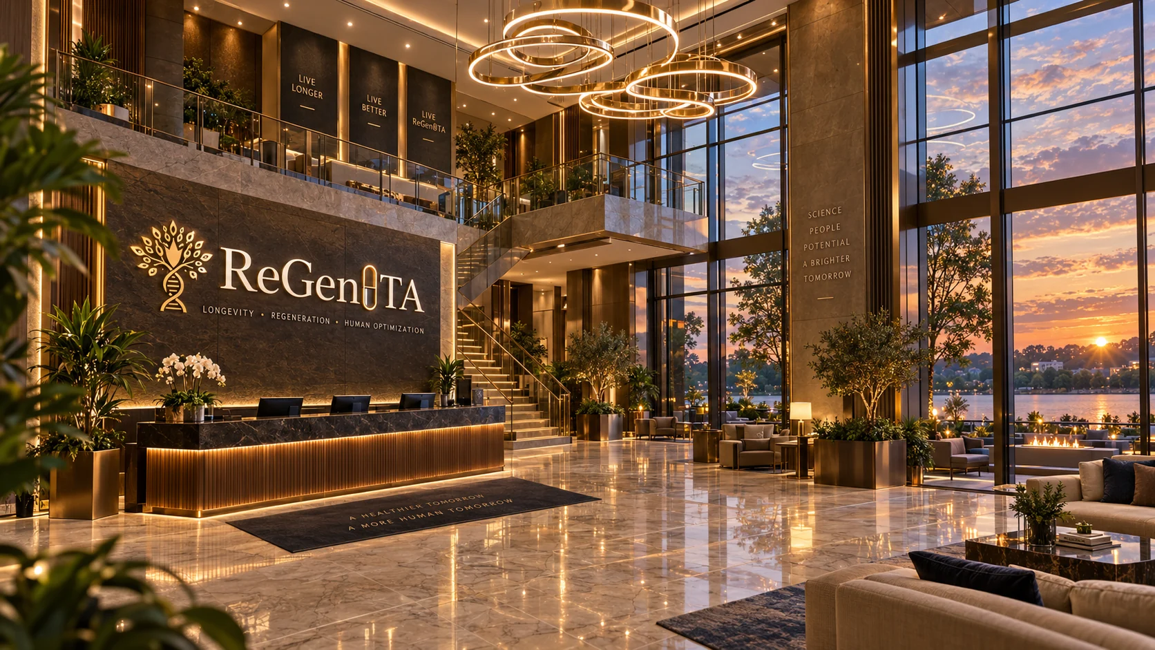 Architectural rendering of the envisioned light-filled multi-level atrium and reception arrival hall at Regenta
