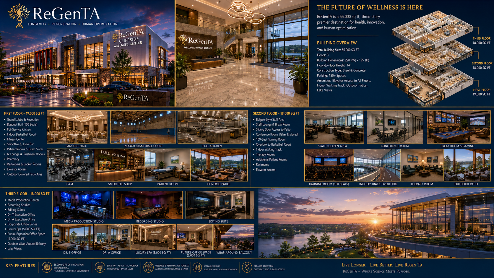 Regenta architectural vision board depicting building exterior, interior spaces, and proposed amenity overview