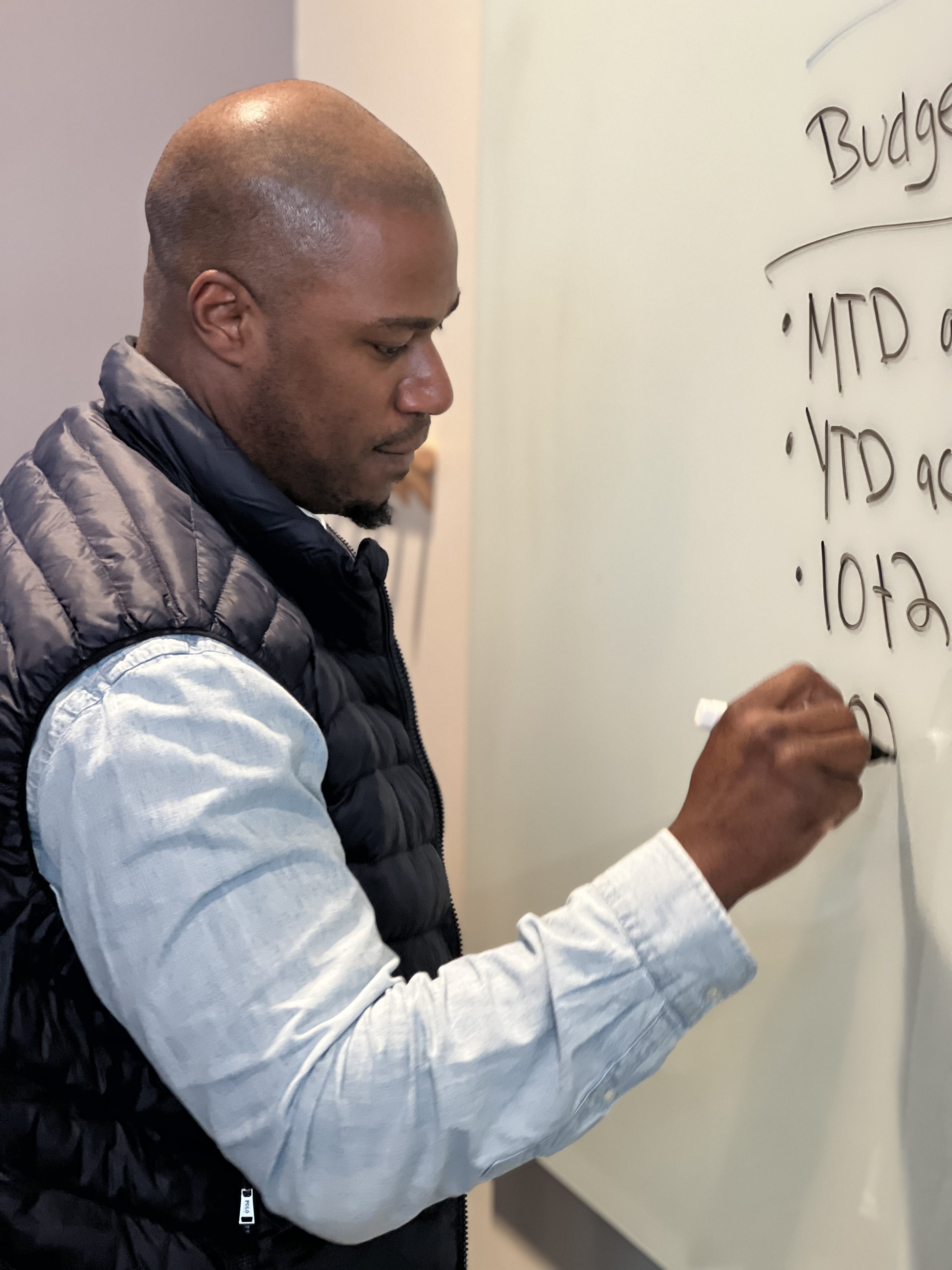 Mapping out business budgets and KPI targets on whiteboard