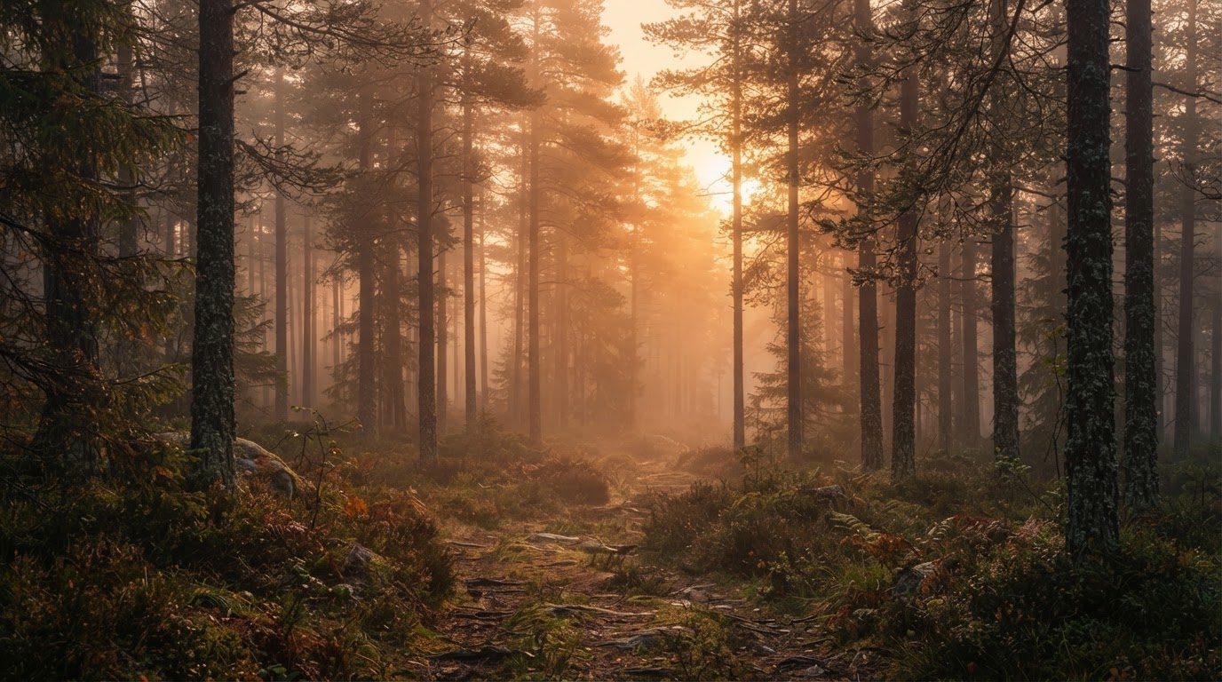 Warm glowing misty forest background