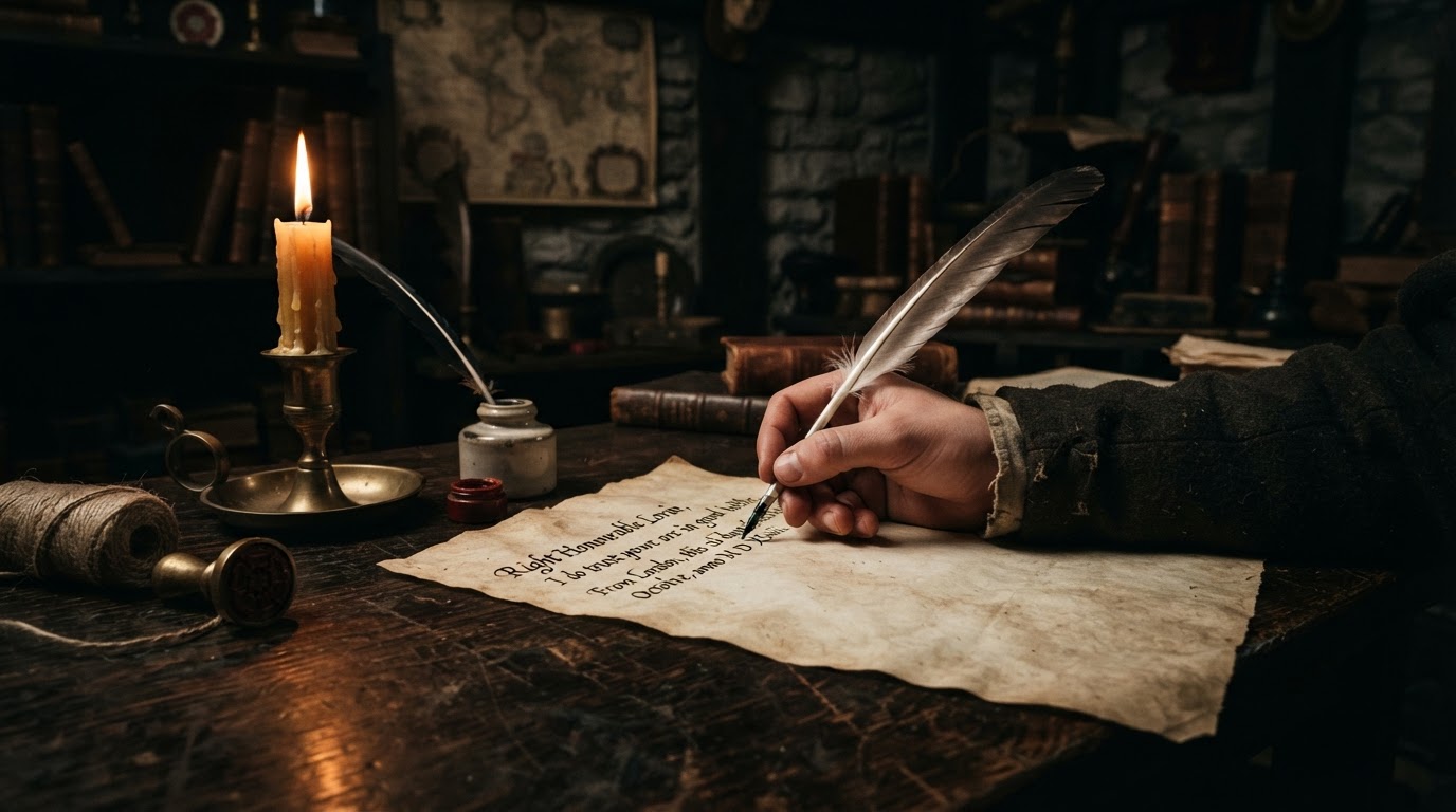 A hand writing a Tudor-era letter by candlelight