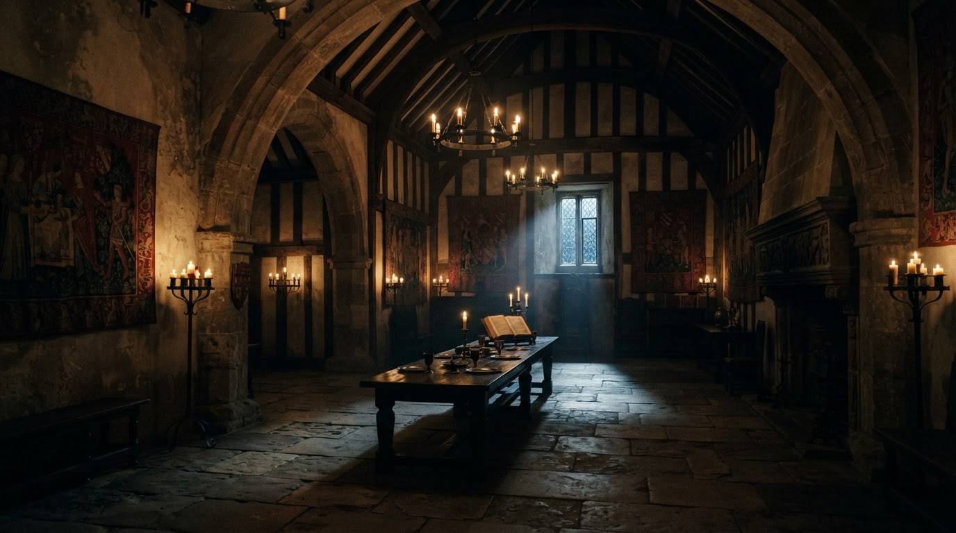 Tudor great hall lit by candlelight