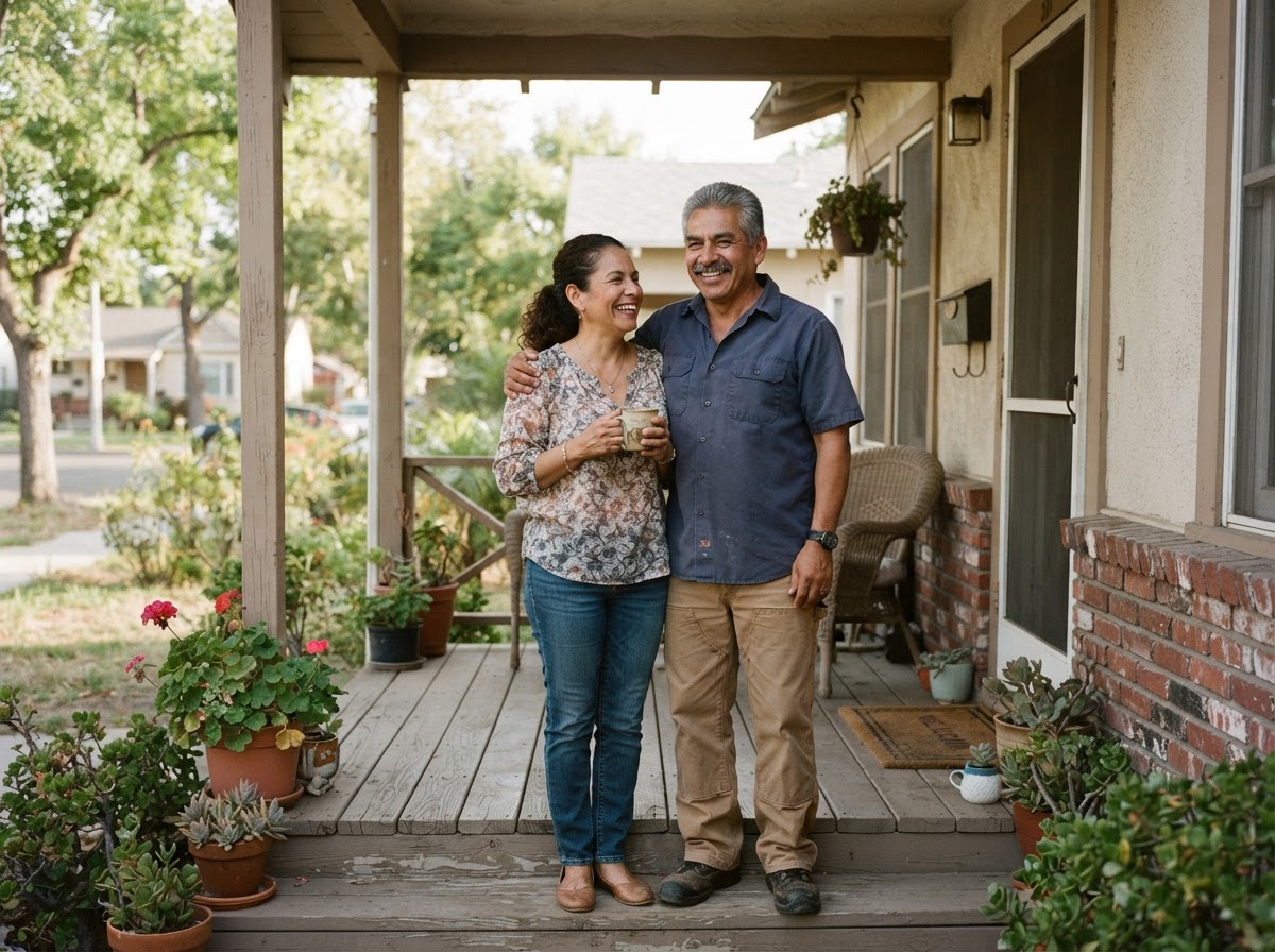 A homeowner couple standing on the porch of their modest home