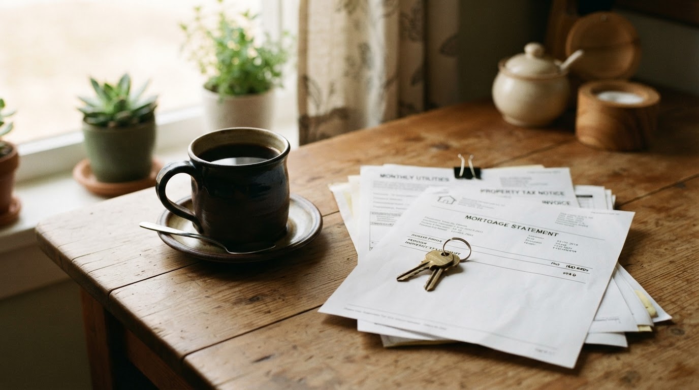 A kitchen table with coffee and paperwork