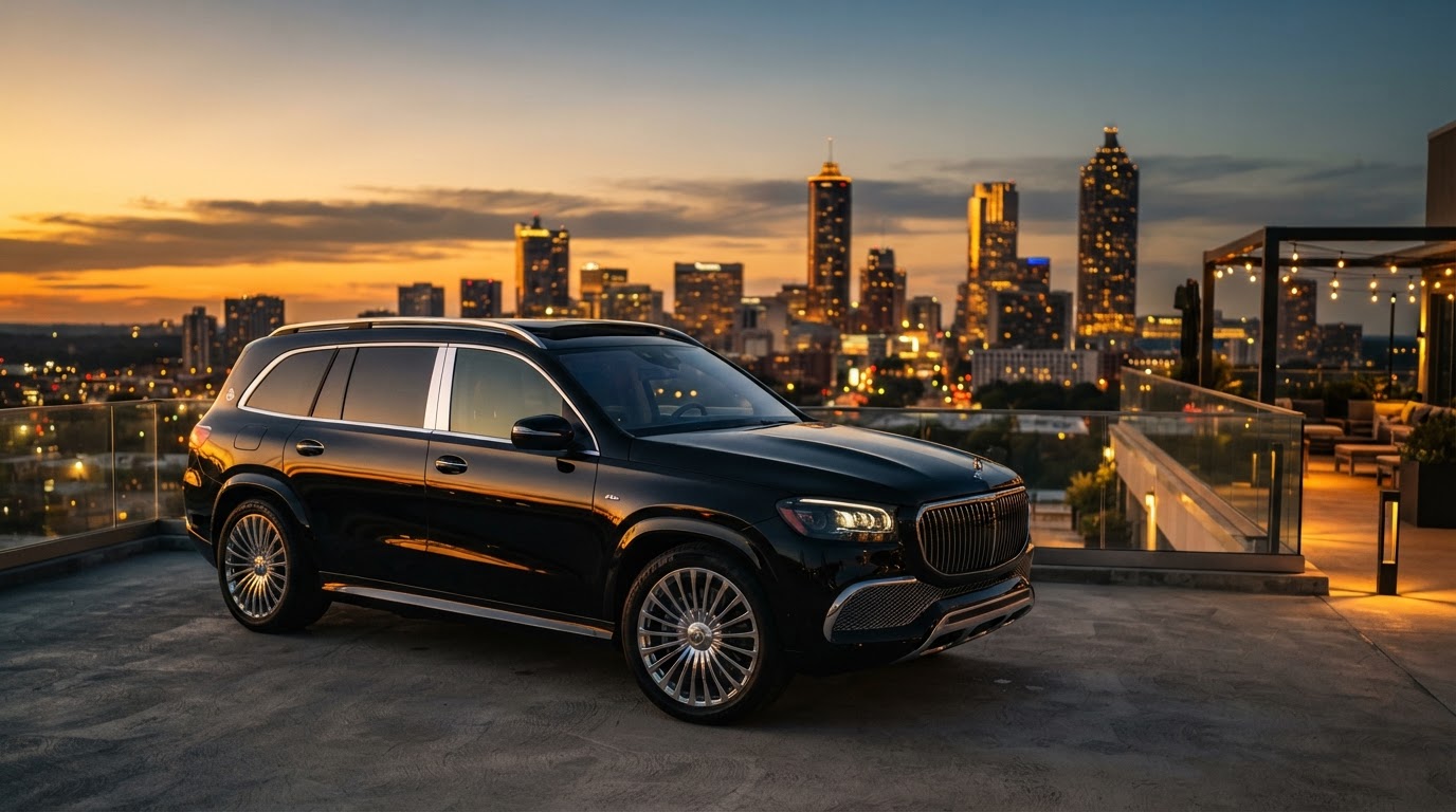 Sleek black luxury SUV on an Atlanta rooftop at golden hour