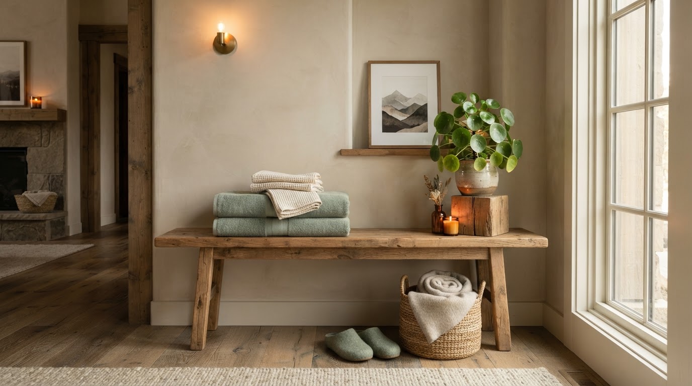 Folded natural linen linens, river stones, and sage on wood