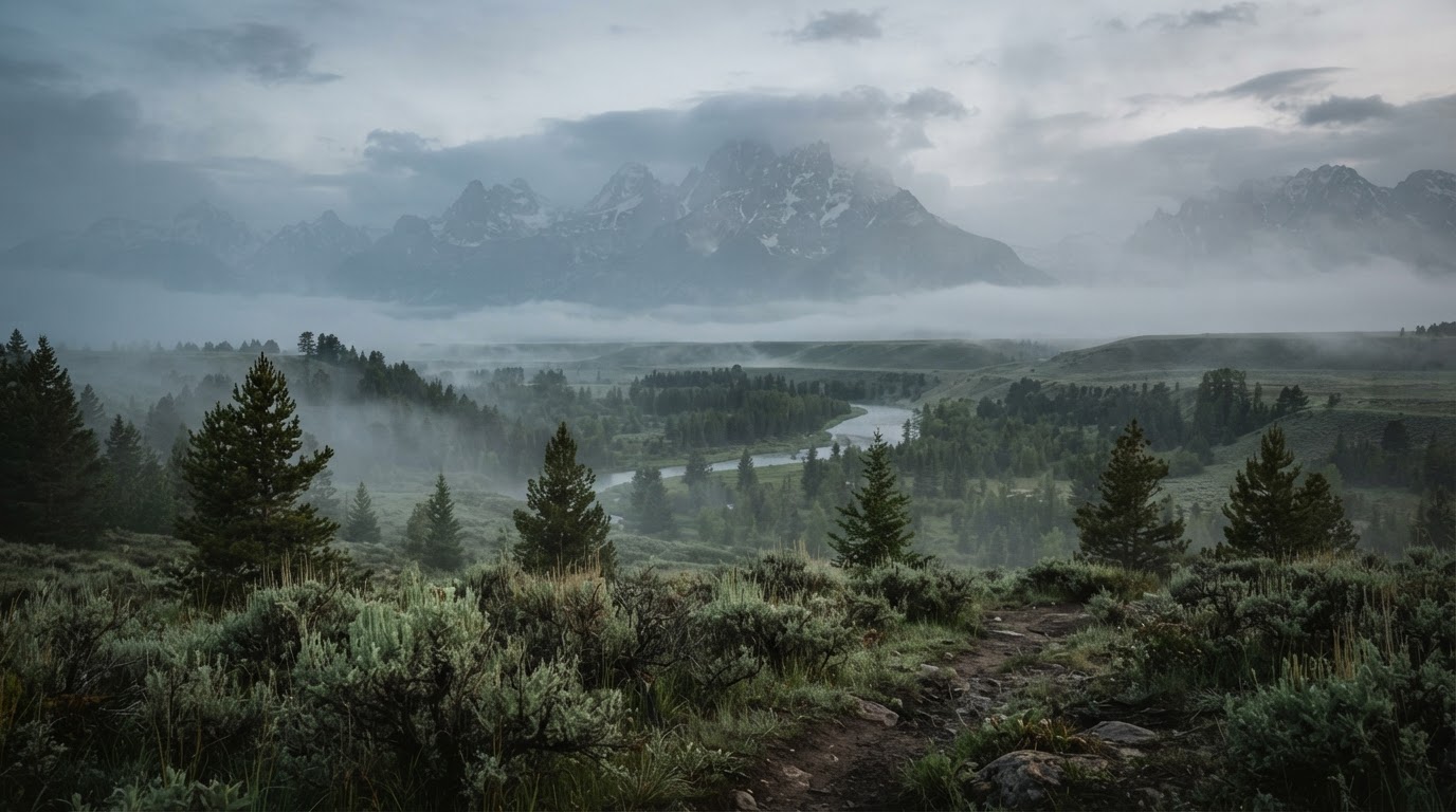 Misty Wyoming valley with sagebrush and distant peaks