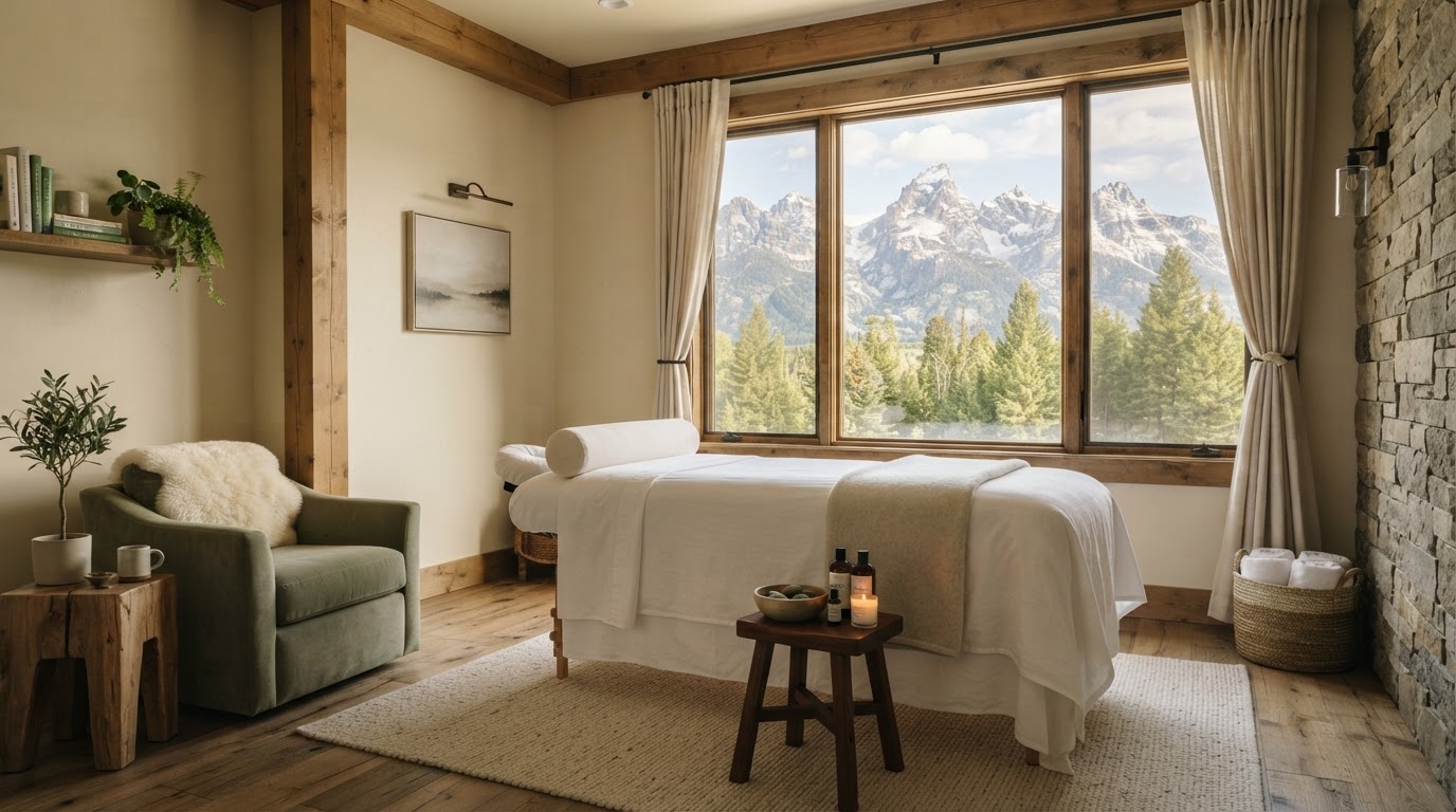 Serene massage and bodywork studio in Jackson Hole with warm natural light, clean linens, and a mountain view