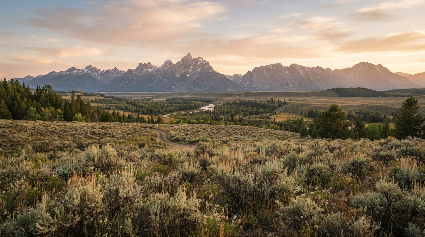 The Jackson Hole valley with the Teton mountain range under warm golden light