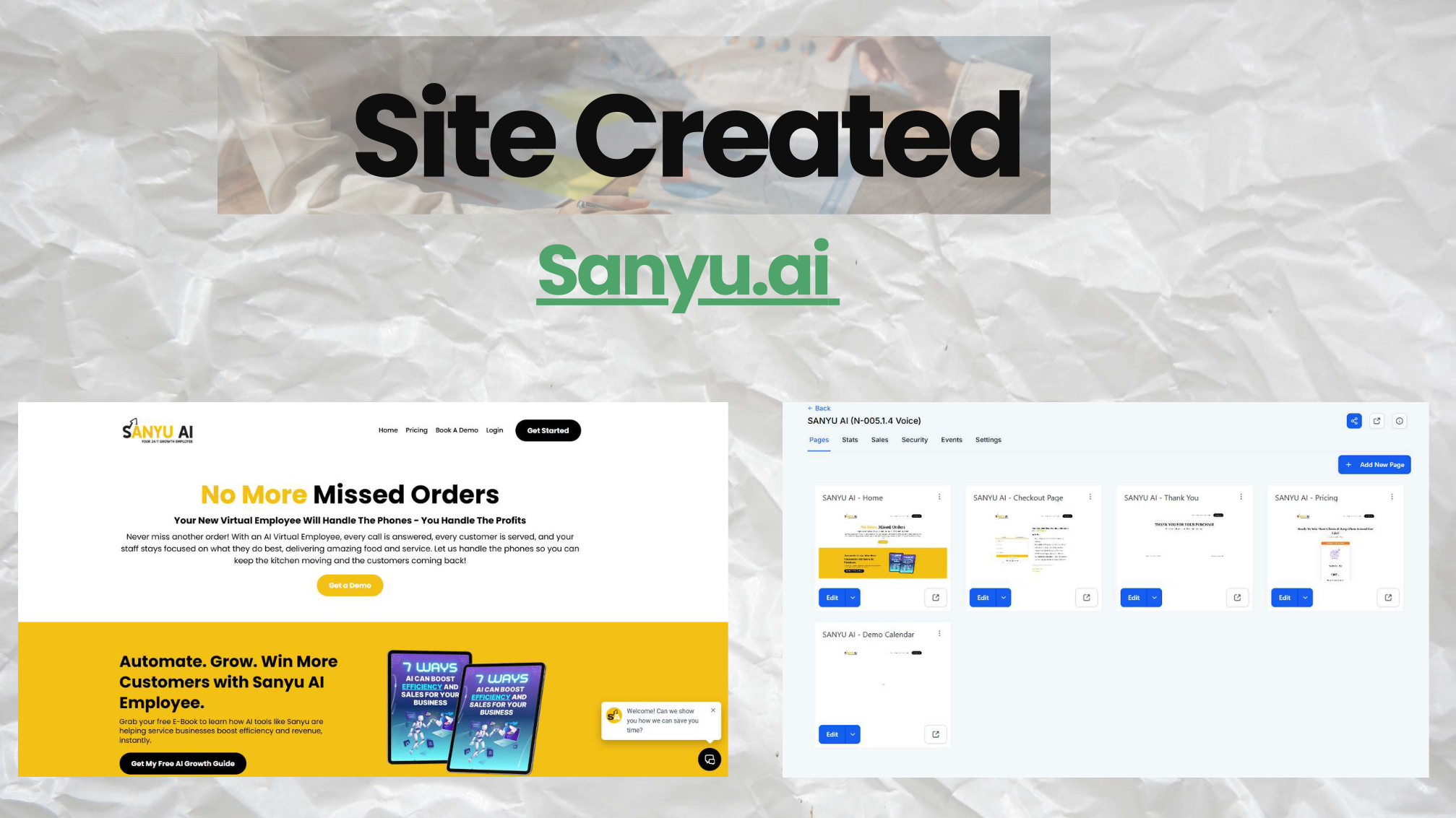 Sanyu.ai page builder showing the list of published pages