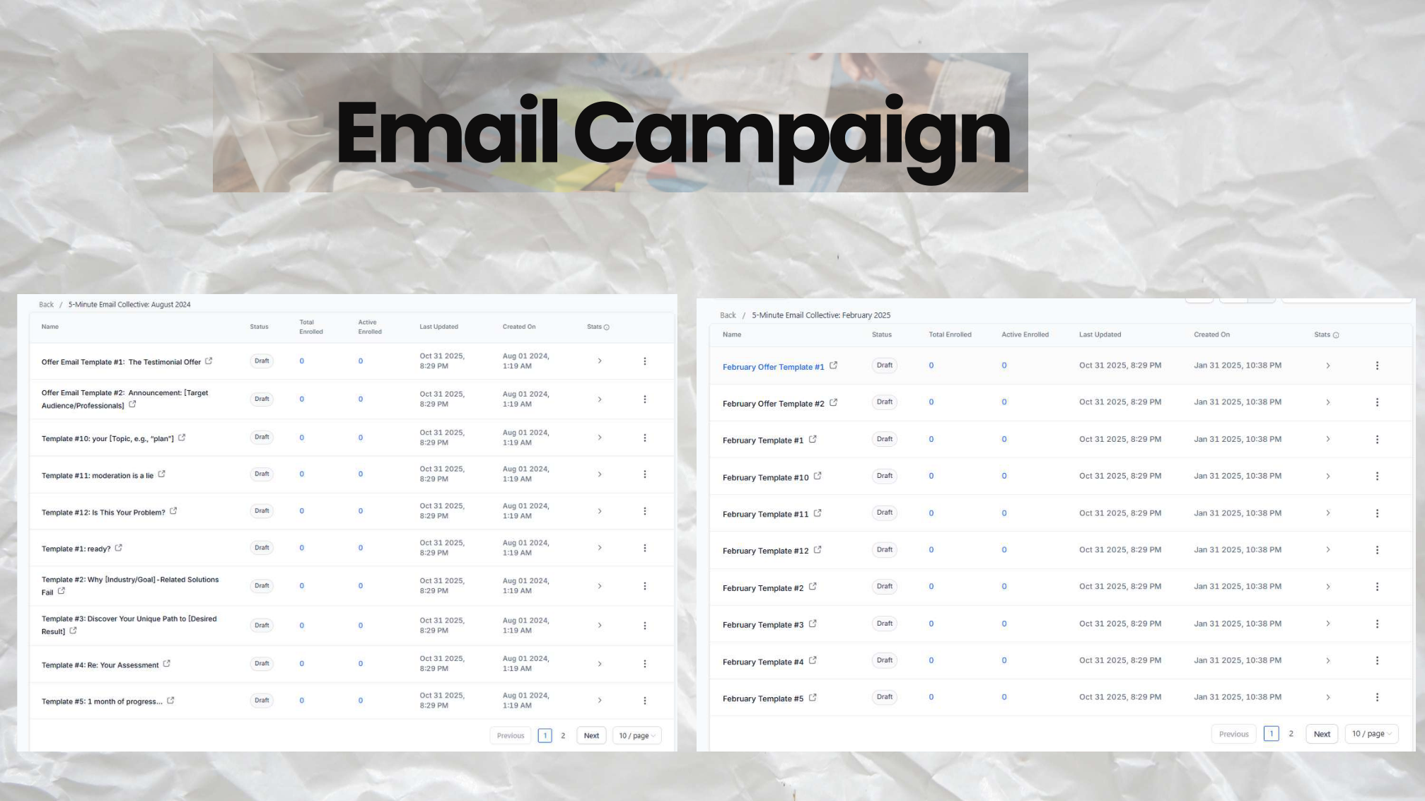 Email campaign list showing enrollment and status columns