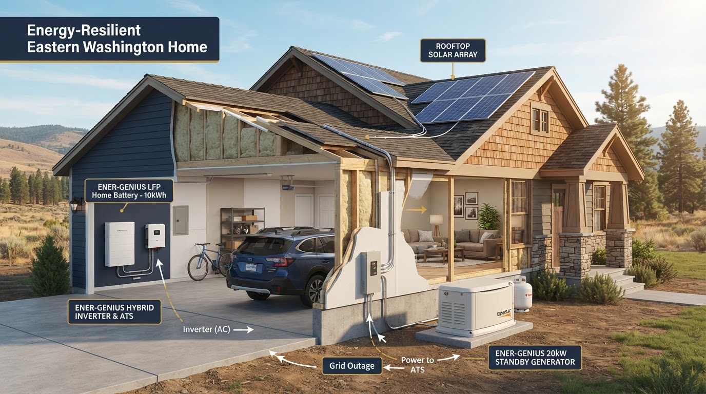 Architectural cutaway of a home showing a wall-mounted battery backup system installed inside the garage, with a standby generator outdoors and rooftop solar panels