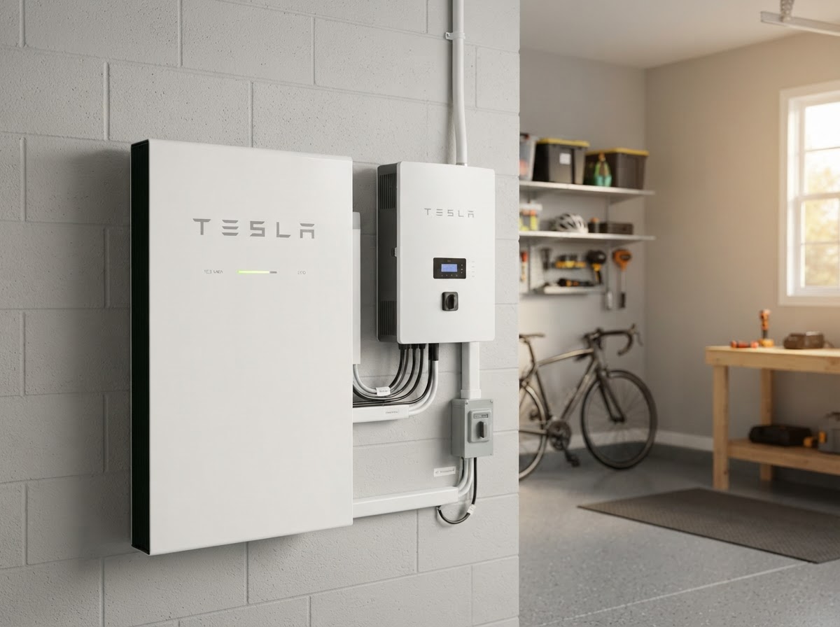 Home battery backup system mounted on a garage wall with a smart inverter