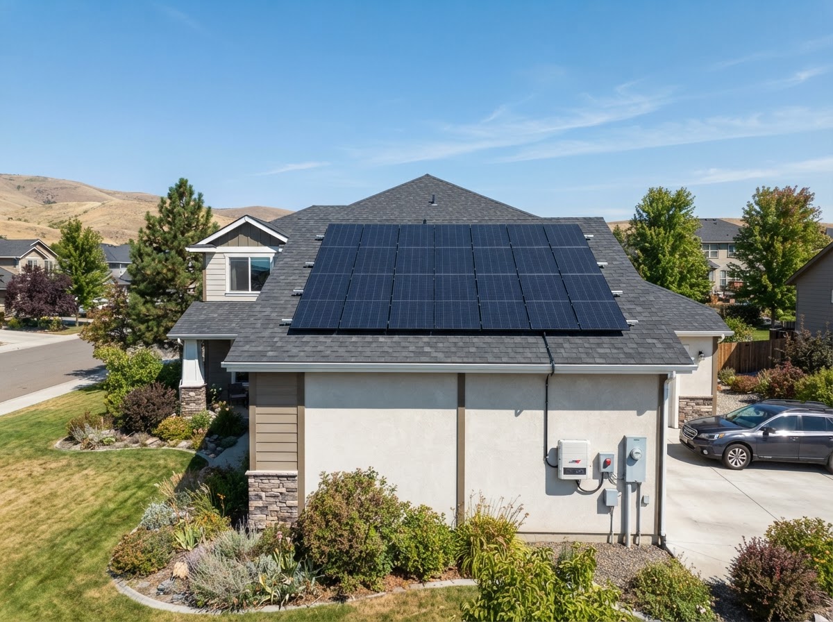 Residential solar electric panel system mounted on the roof of an Eastern Washington home