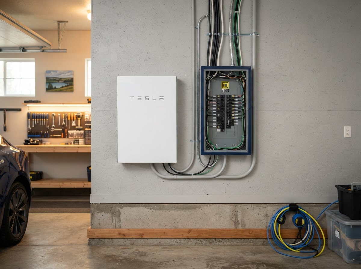 Home battery backup system installed on a garage wall in Tri-Cities WA