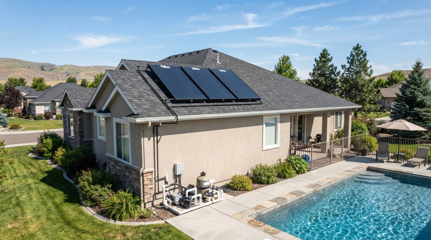 Solar thermal pool heating collectors mounted on the roof of an Eastern Washington home with piping to an in-ground pool