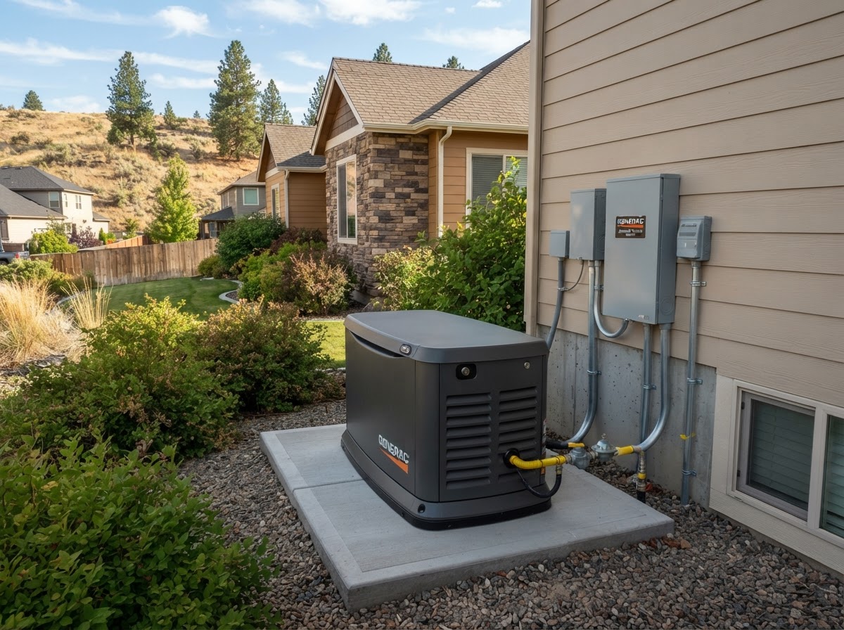 Standby home generator installed beside a residence with an automatic transfer switch