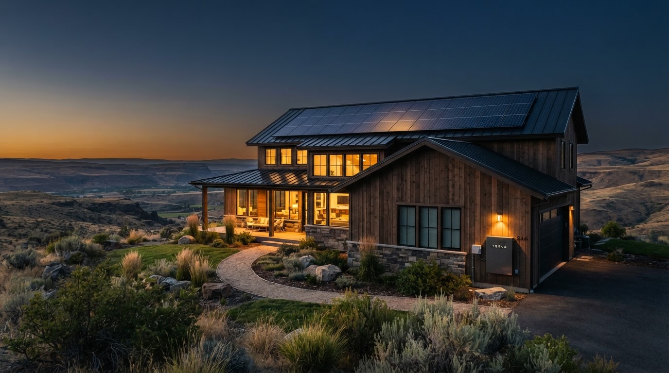 Eastern Washington home with solar panels and battery backup at dusk