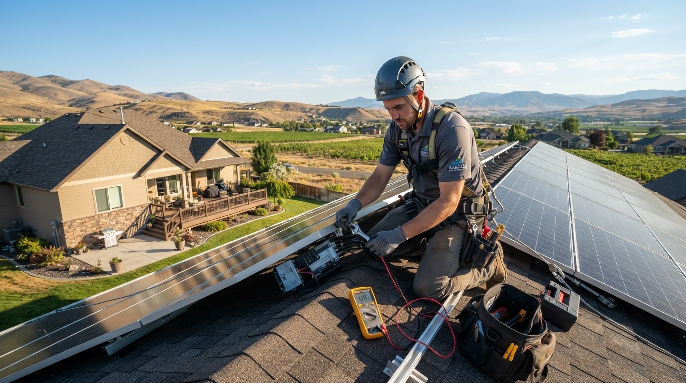 Solar technician troubleshooting and repairing solar panels on an Eastern Washington home roof