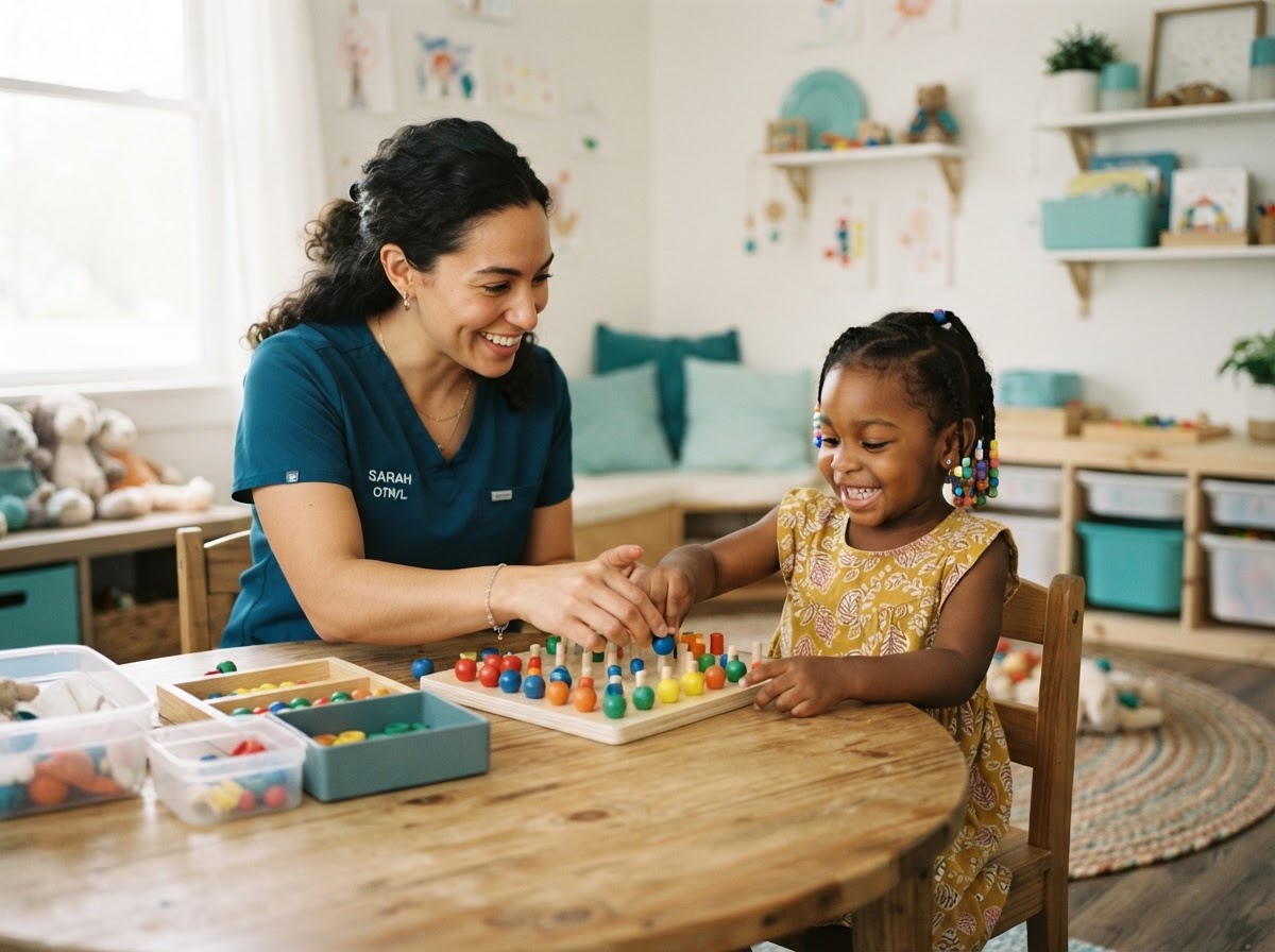 Pediatric occupational therapist and child engaged in a playful fine-motor activity