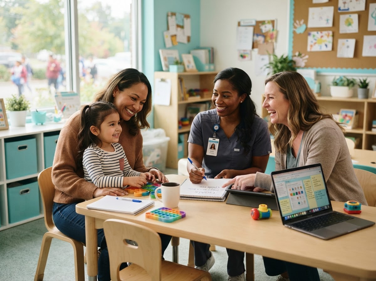 Teacher, parent, and occupational therapist collaborating around a table with a child