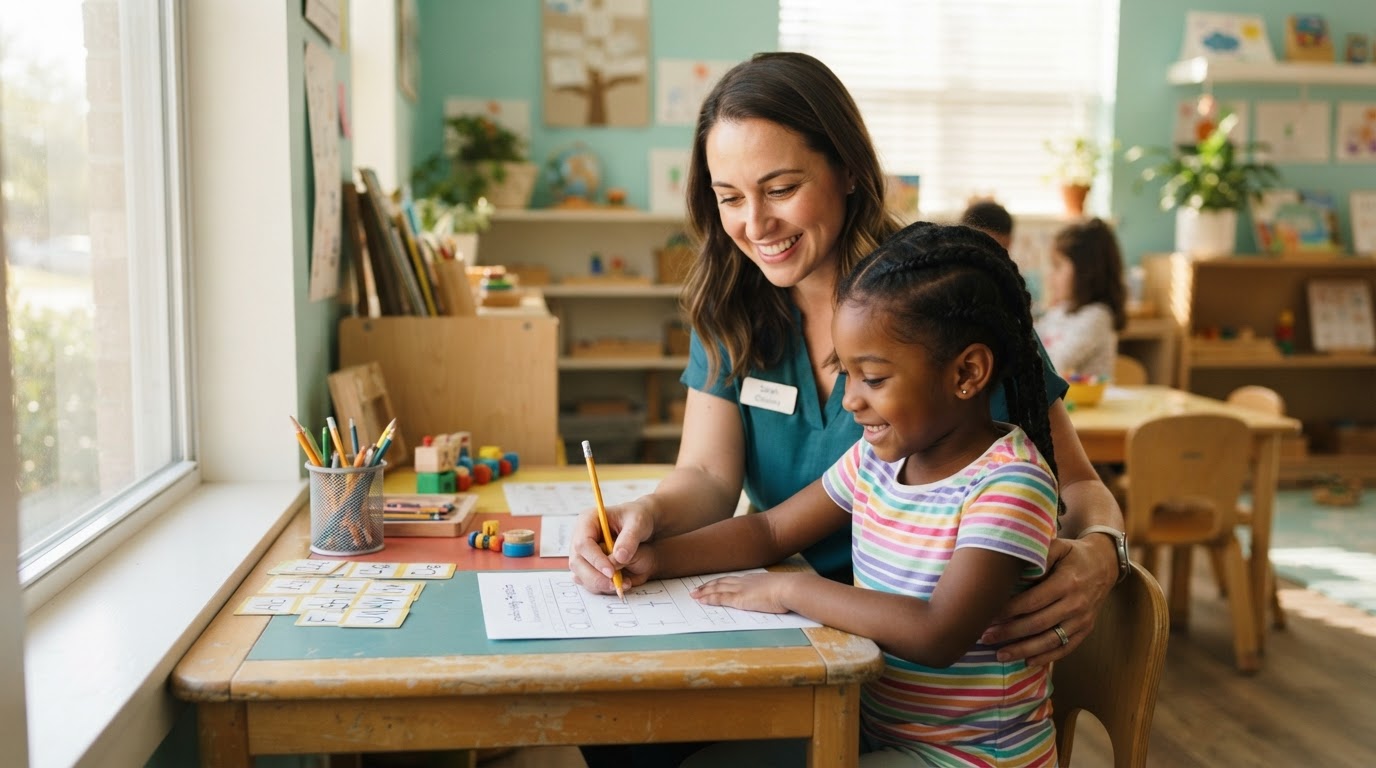 Occupational therapist guiding a child's hand during a handwriting activity in a sunlit classroom