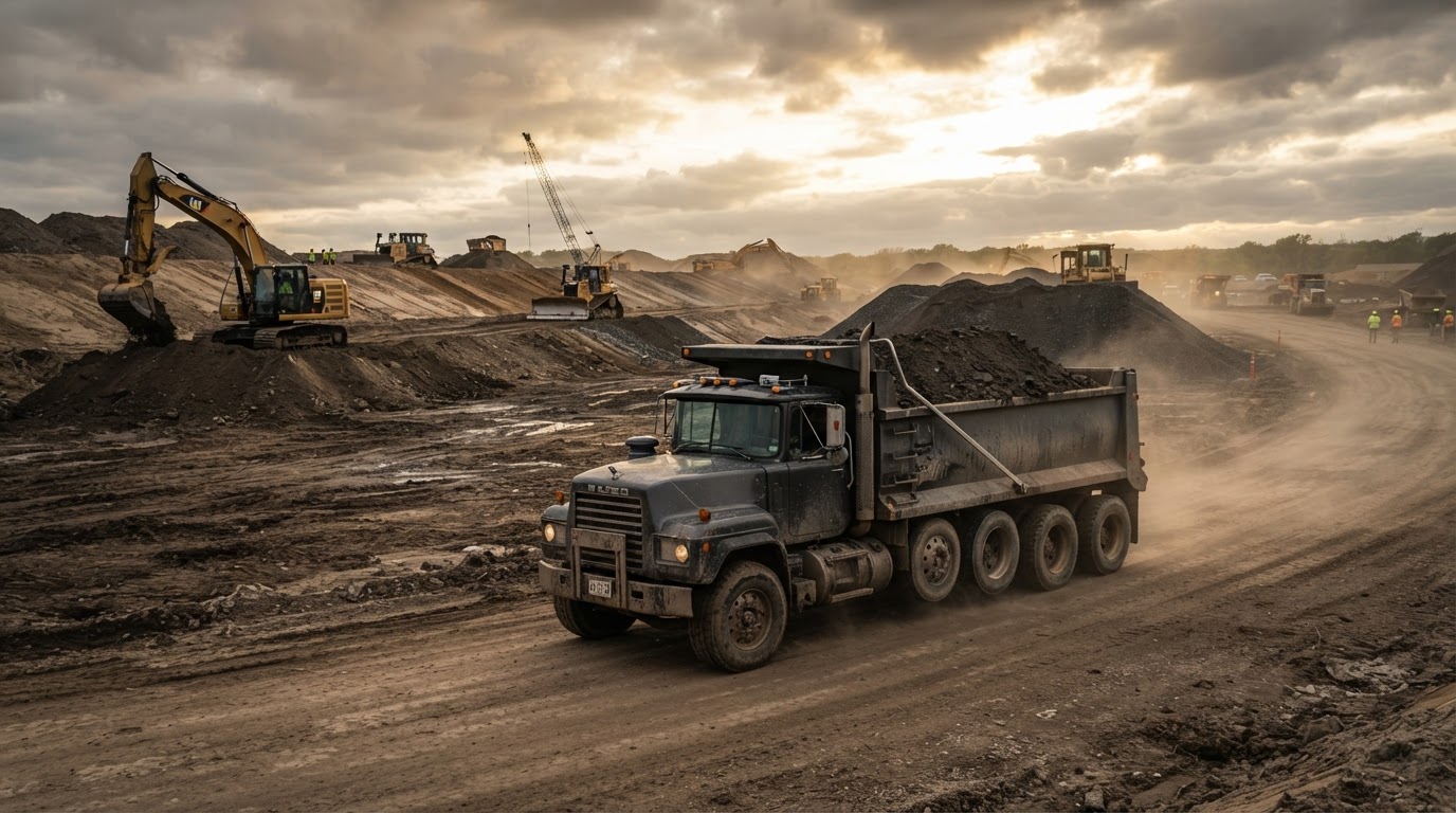 Quad-axle dump truck hauling aggregate on a Minnesota construction site at golden hour