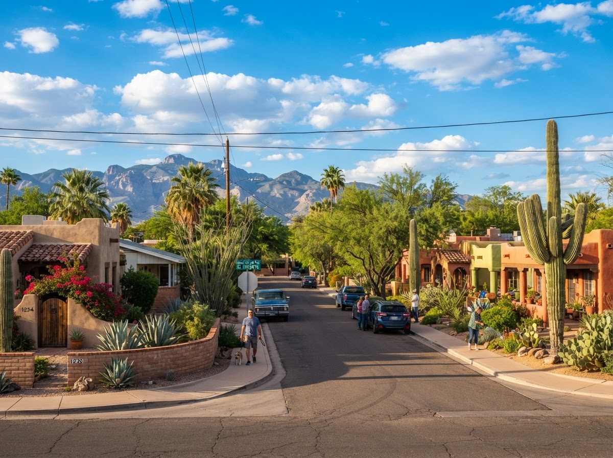 Tucson neighborhoods we serve Welcoming Tucson neighborhood with desert landscaping and Southern Arizona mountains