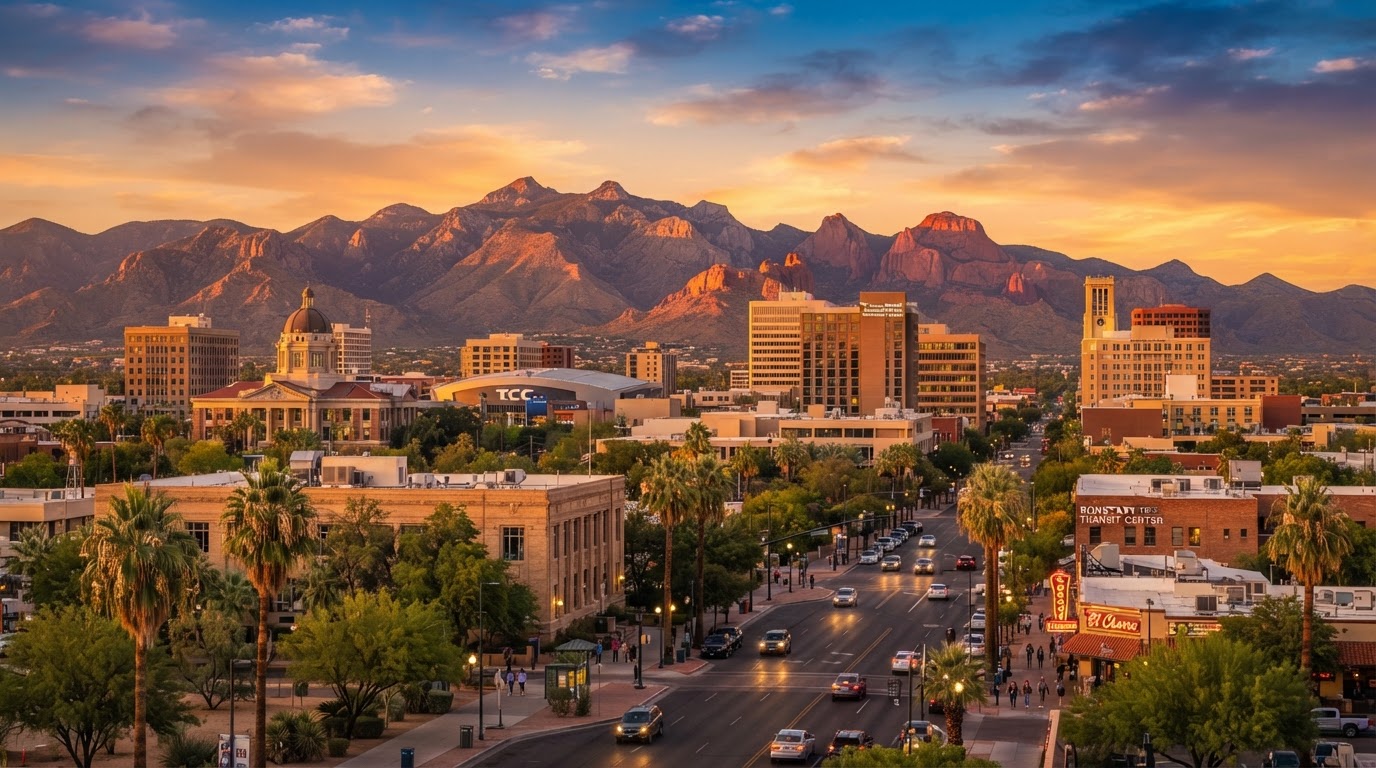 Tucson Cash Offers customer reviews Downtown Tucson, Arizona skyline at golden hour