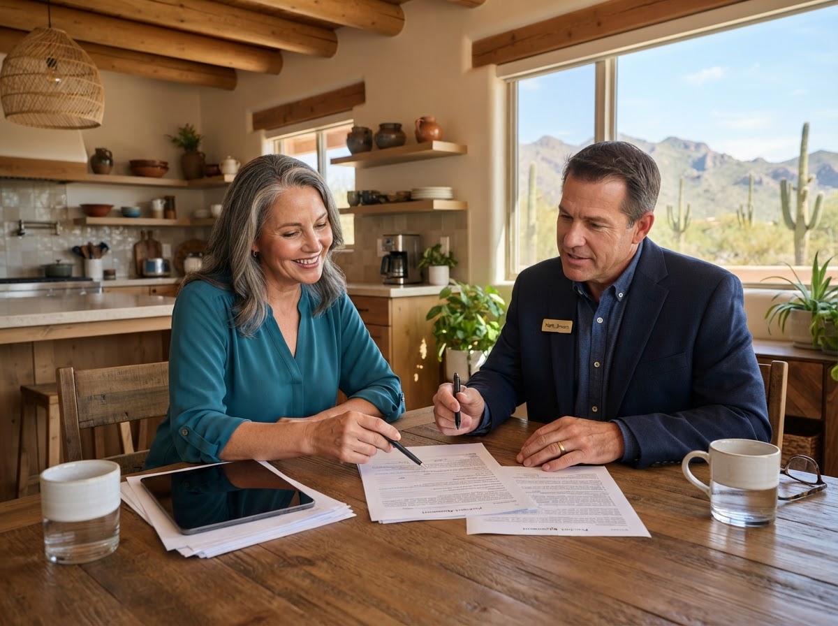 Tucson home selling questions Homeowner discussing property questions with a real estate professional in Tucson