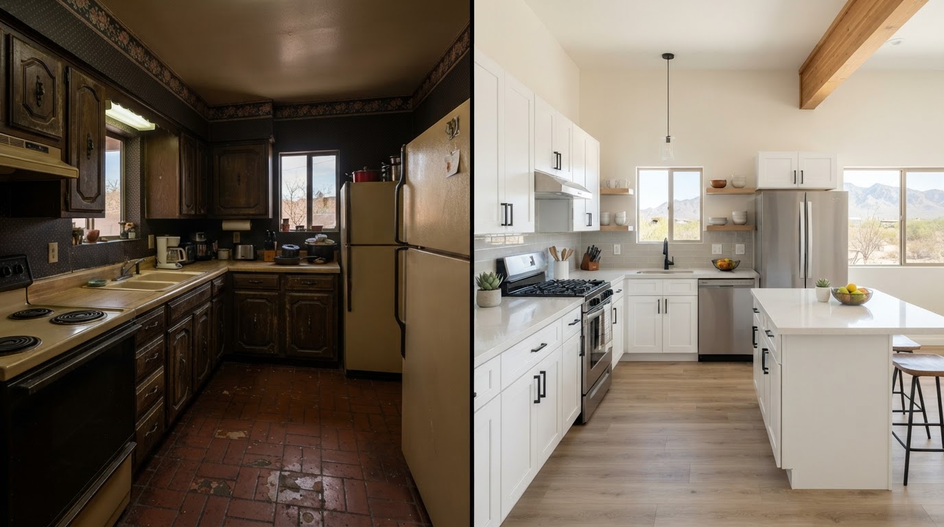 Illustrative before and after kitchen renovation example Before and after kitchen renovation example for a Tucson home, showing an outdated kitchen transformed with modern cabinets and countertops