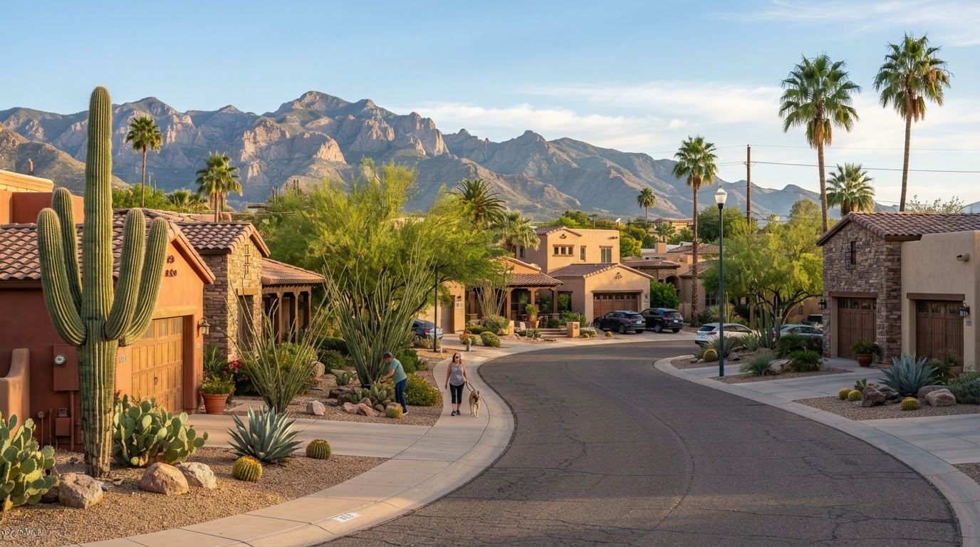 Tucson Cash Offers Blog Tucson neighborhood with desert landscaping and Southern Arizona mountains