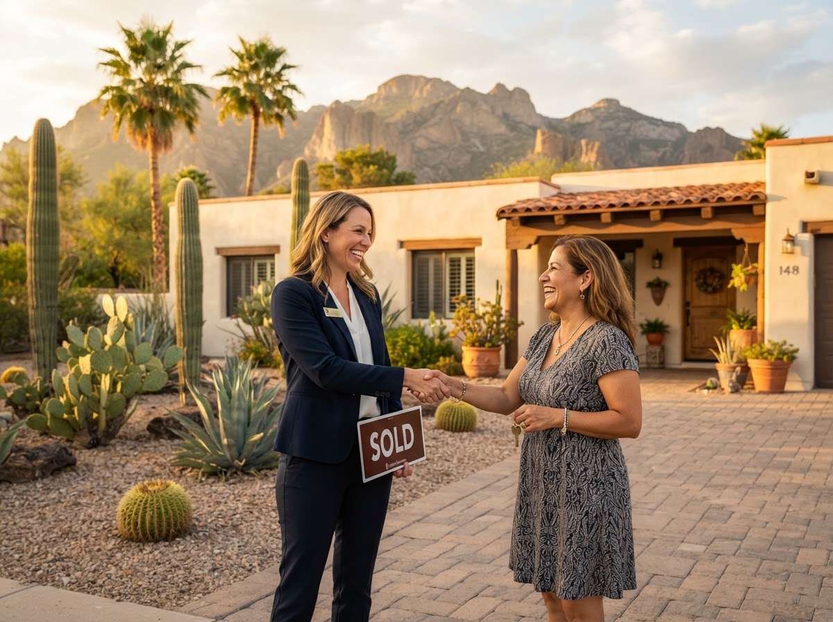 Local Tucson home buyers Local Tucson real estate professional shaking hands with a homeowner in front of a Southern Arizona home