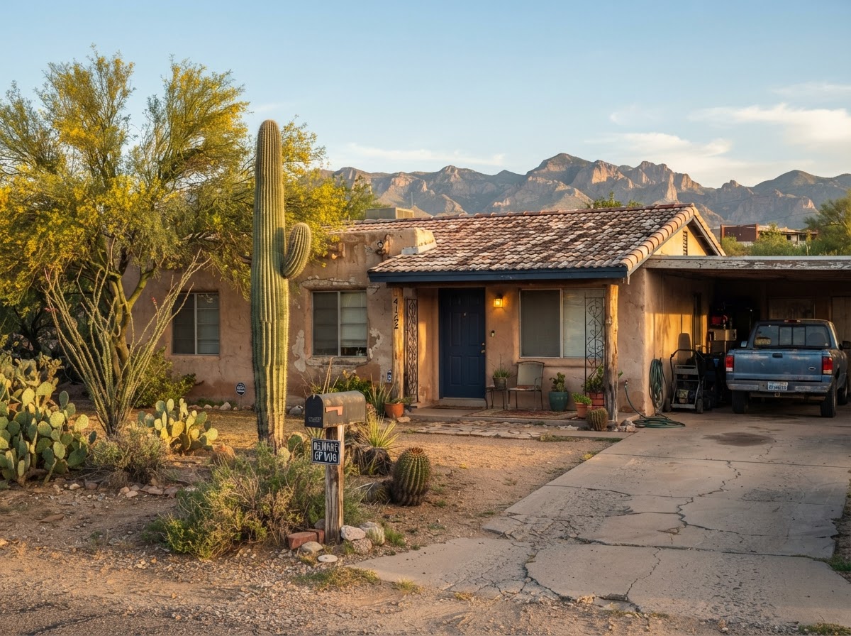 Tucson home sold as-is Older Tucson, Arizona ranch-style home being sold as-is, with a weathered roof and deferred exterior maintenance